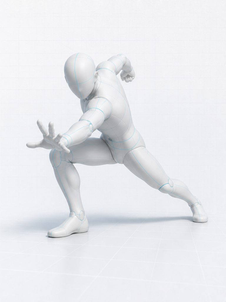 낮은 전방 런지와 같은 자세의 흰색 3D 인형